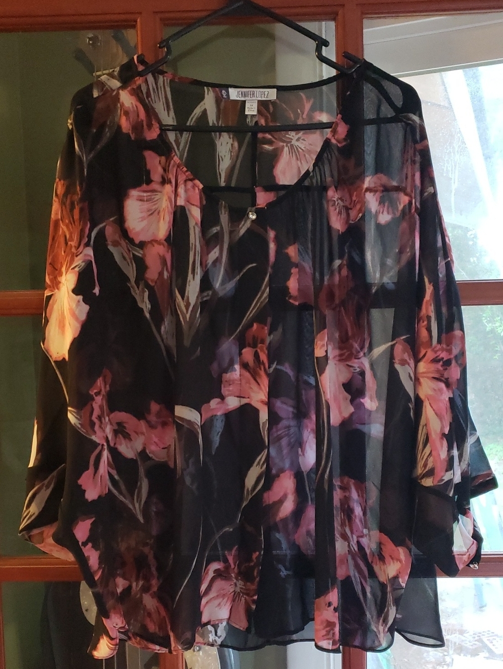 Jennifer Lopez Black Sheer Tunic with Pink Floral Accents